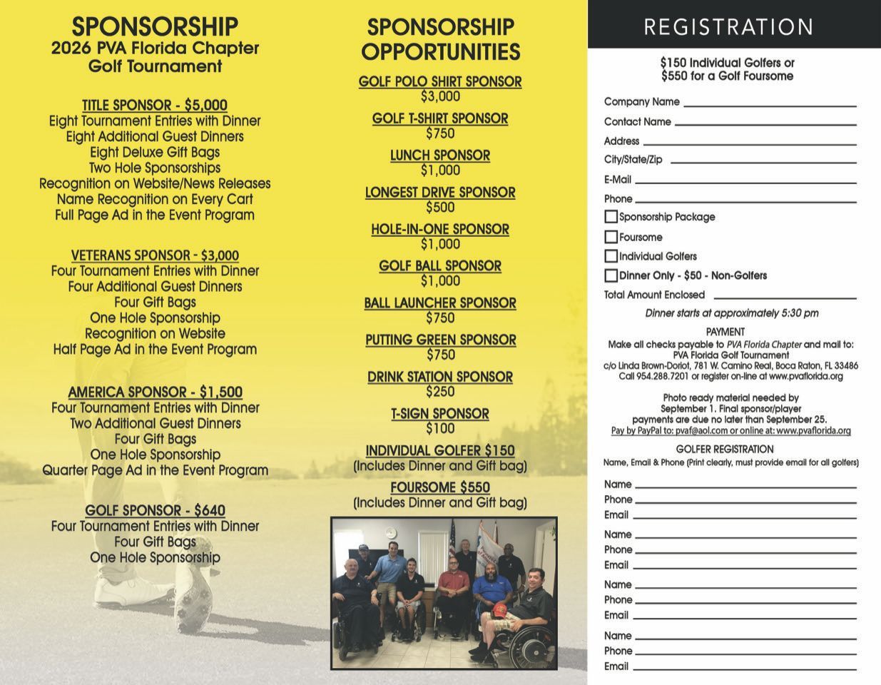 Charity event flyer for the 2026 PGA golf tournament, with date, registration info, and golf ball graphic