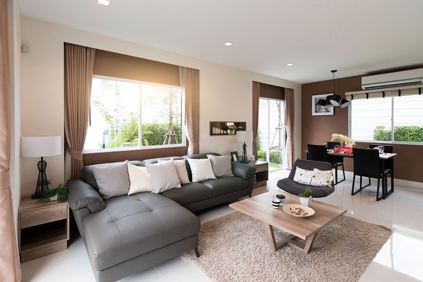 A living room with a couch and a coffee table