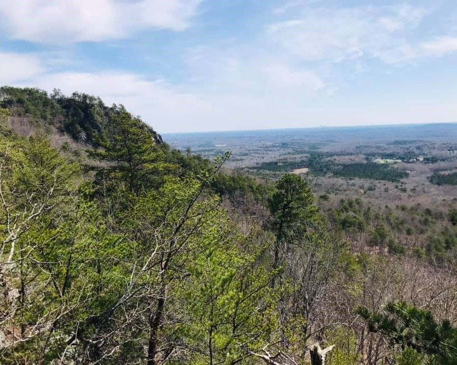 Mountain overlook with green trees and a wide valley stretching to the horizon under a partly cloudy sky