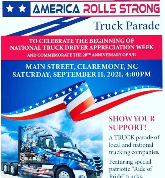 America Rolls Strong truck parade poster, Sept. 11, 2021, Main Street, Claremont, NC, with red, white and blue truck artwork
