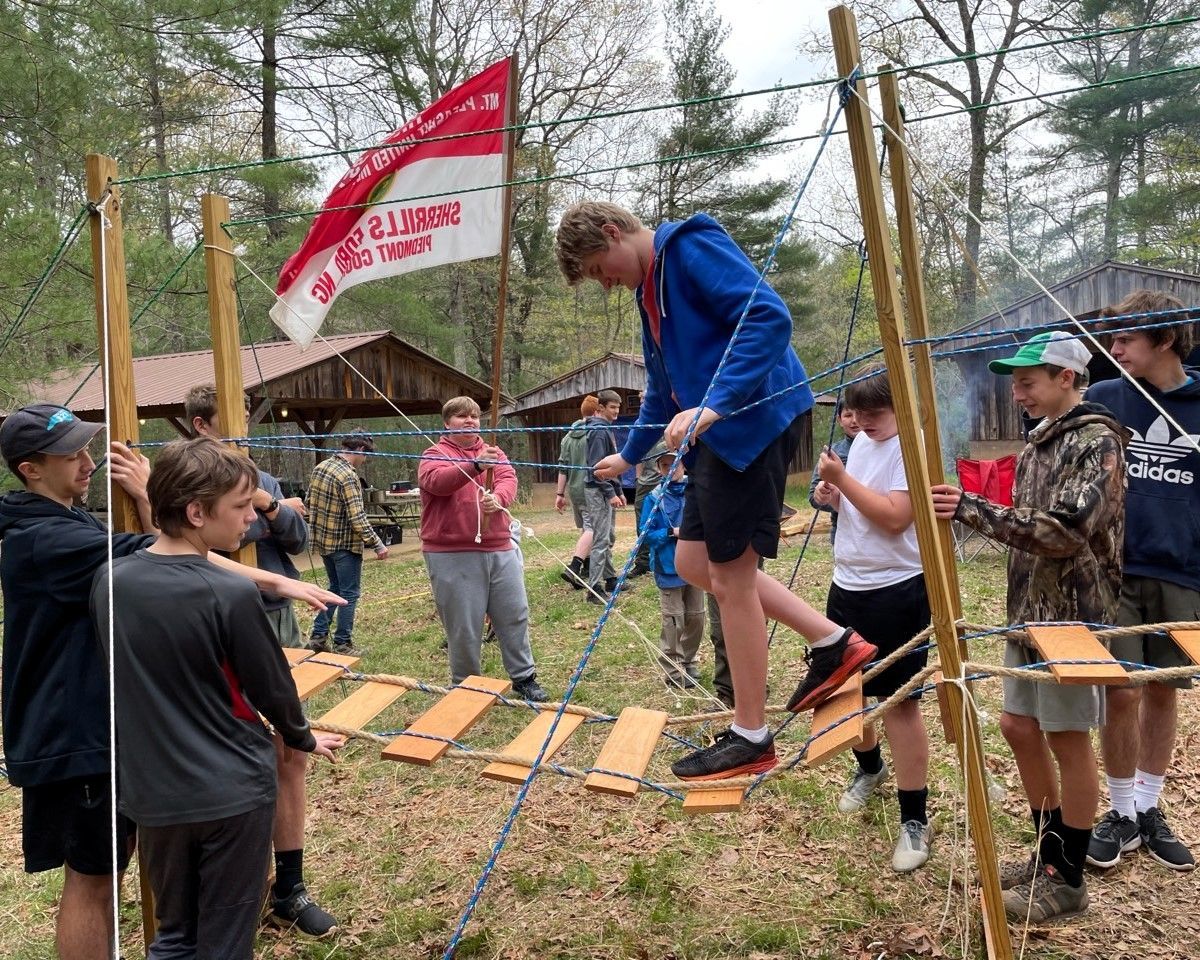 People balancing on a rope bridge at an outdoor team obstacle course in a forest.