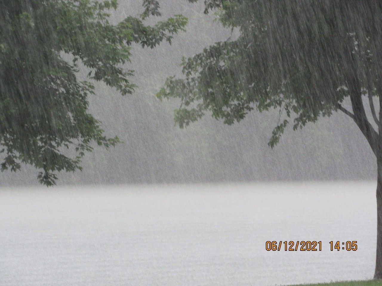 Heavy rain over a calm lake, framed by trees on both sides.