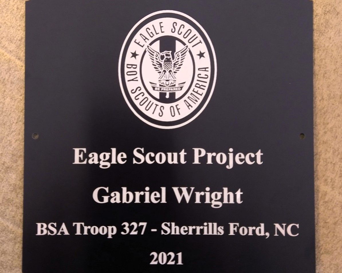 Black Eagle Scout Project plaque for Gabriel Wright, BSA Troop 327, Sherrills Ford, NC, 2021