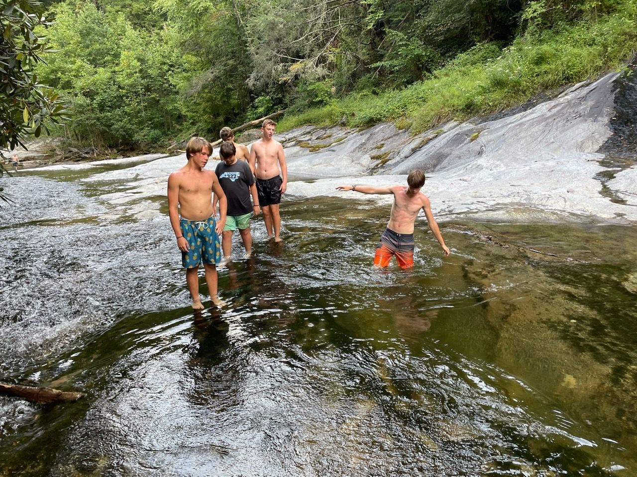 People wading and splashing in a shallow forest stream over smooth rocks