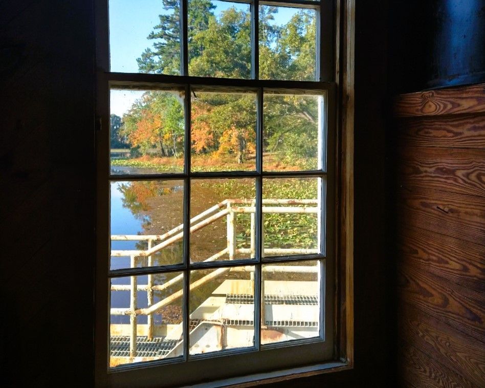 Window view of a lake and autumn trees, with a white railing and stairs outside.