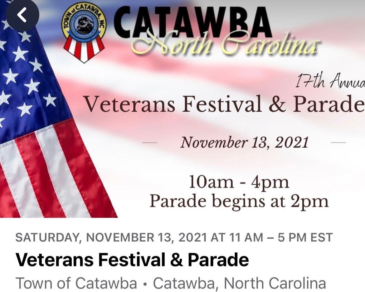 Catawba, North Carolina Veterans Festival & Parade poster with U.S. flag, Nov. 13, 2021, 10am-4pm
