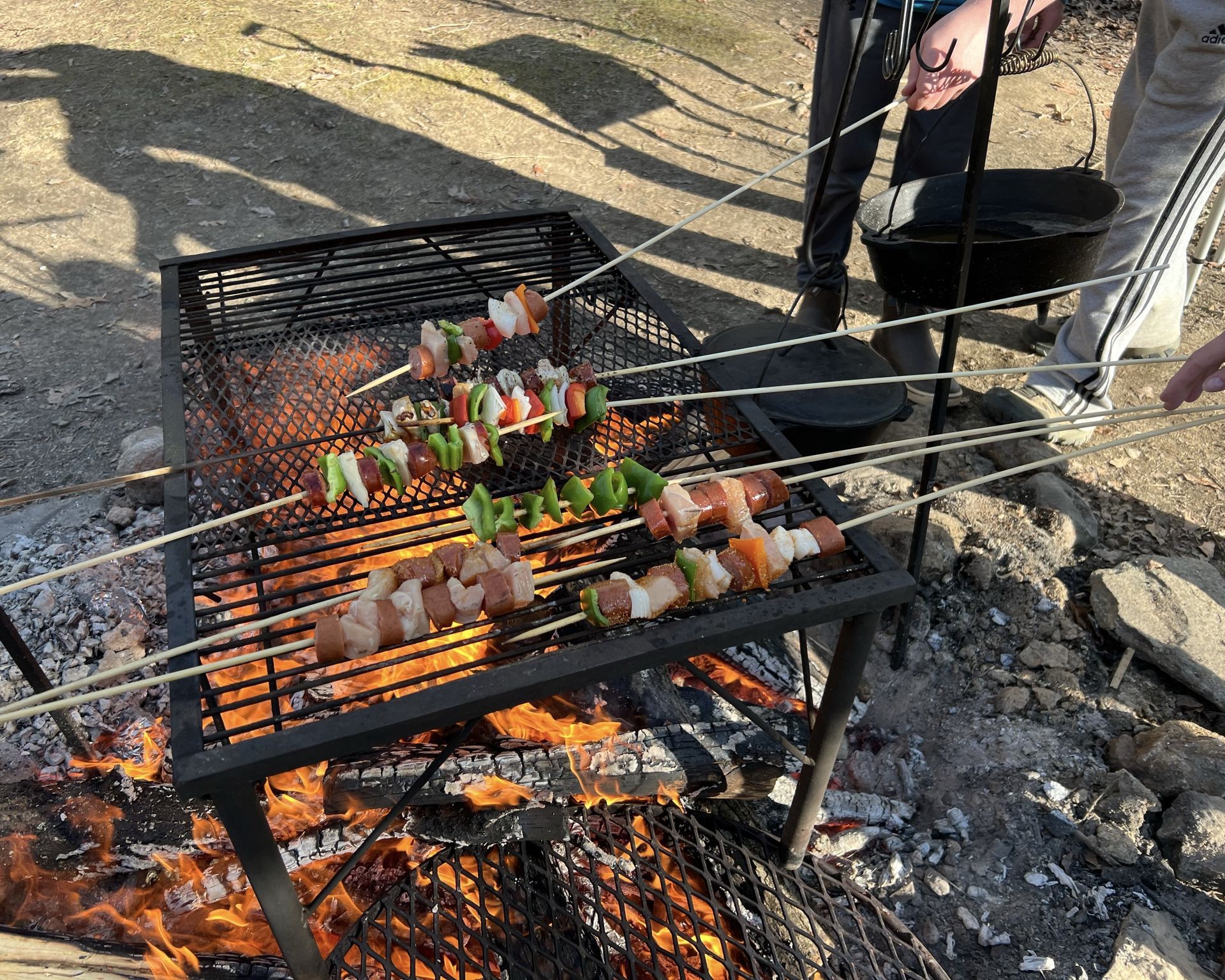 A person is cooking food on a grill over a fire.