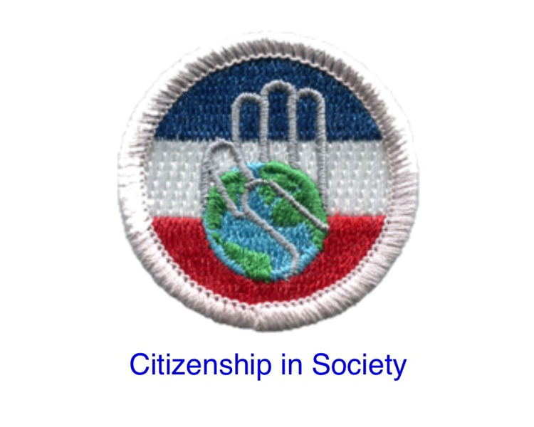 Citizenship in Society badge with clasped hands over a globe in blue, white, red, and green