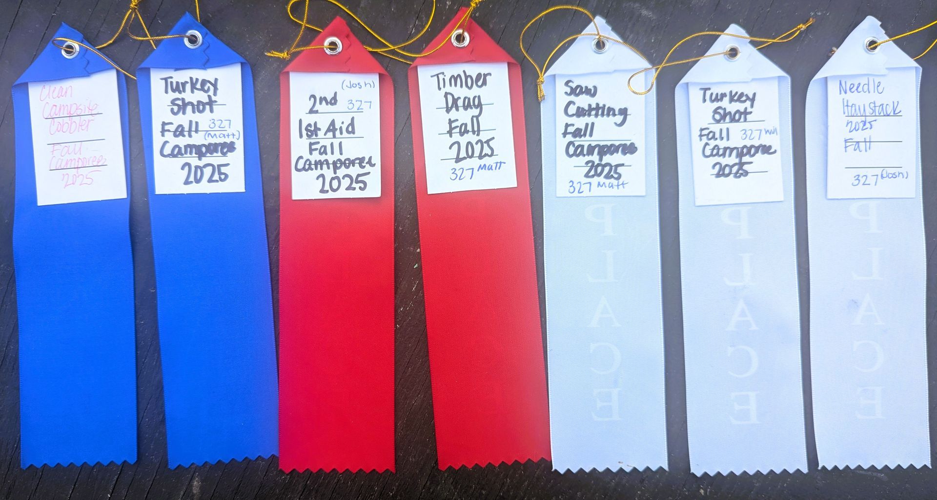 Colorful hanging paper bookmarks with handwritten labels, arranged in a row on a dark background.