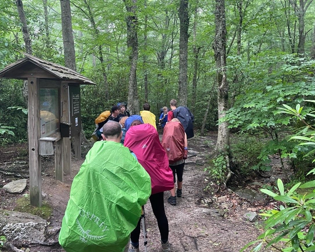 Hikers in colorful rain ponchos walking through a wooded forest trail near a small shelter