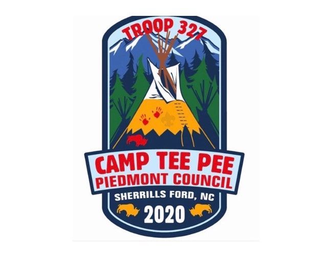 Troop 322 Camp Tee Pee Piedmont Council patch with teepee, mountains, trees, and “Sherrills Ford, NC 2020”