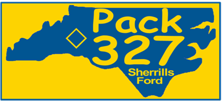 A blue and yellow logo for pack 327 sherrills ford