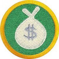 A patch with a bag of money and a dollar sign on it.