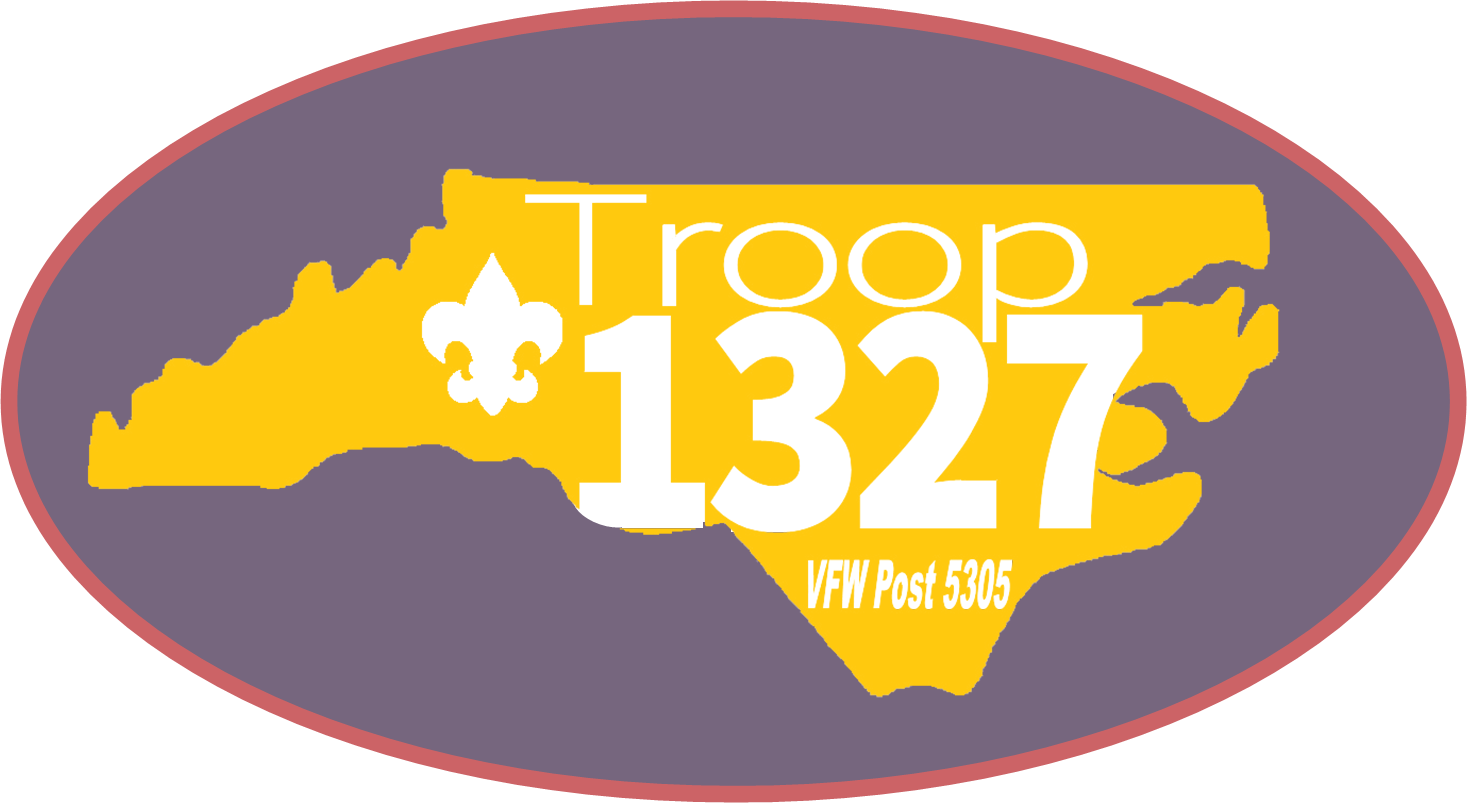 A logo for troop 1327 with a map of north carolina
