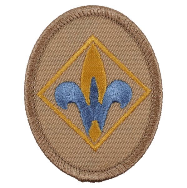 A brown circle with a blue and yellow flower on it
