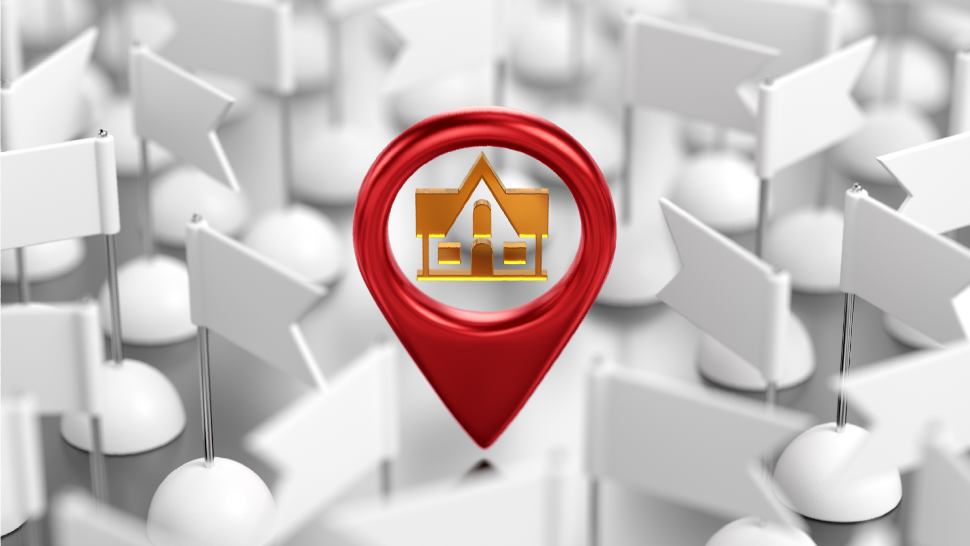 A red pin with a house icon on it is surrounded by white flags.