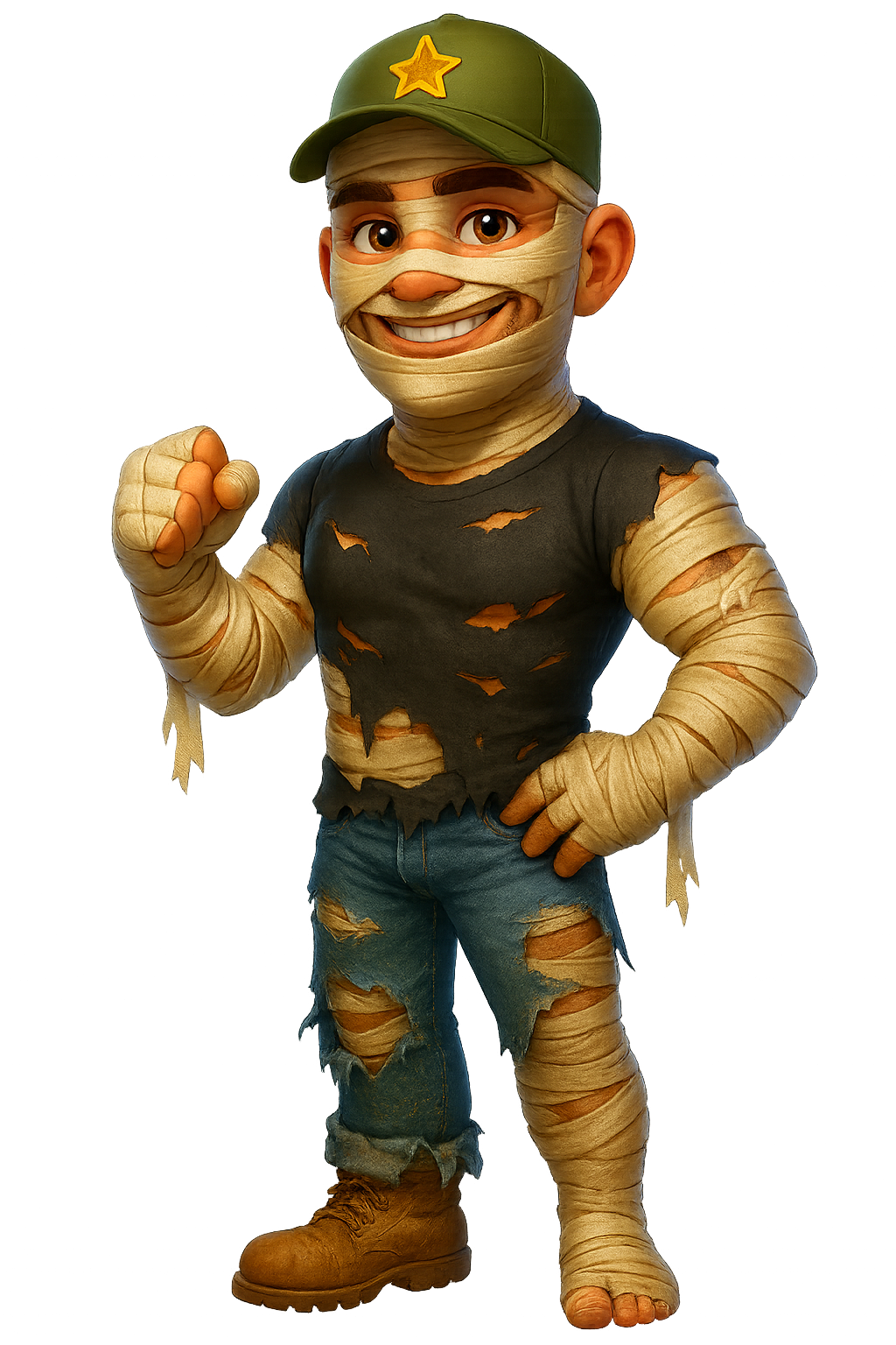 Personaje de momia de dibujos animados con gorra verde, camisa negra rota, vaqueros y botas, sonriendo y levantando el puño.
