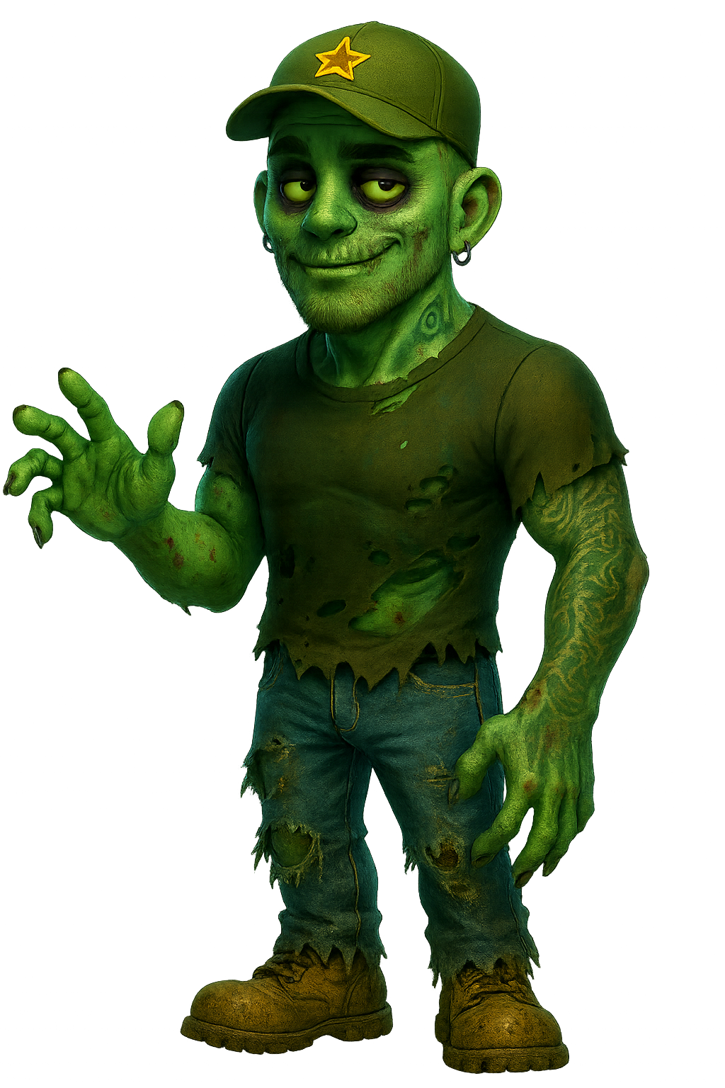 Zombi verde de dibujos animados con gorra, sonriendo y saludando, vistiendo una camisa rota, vaqueros y botas.