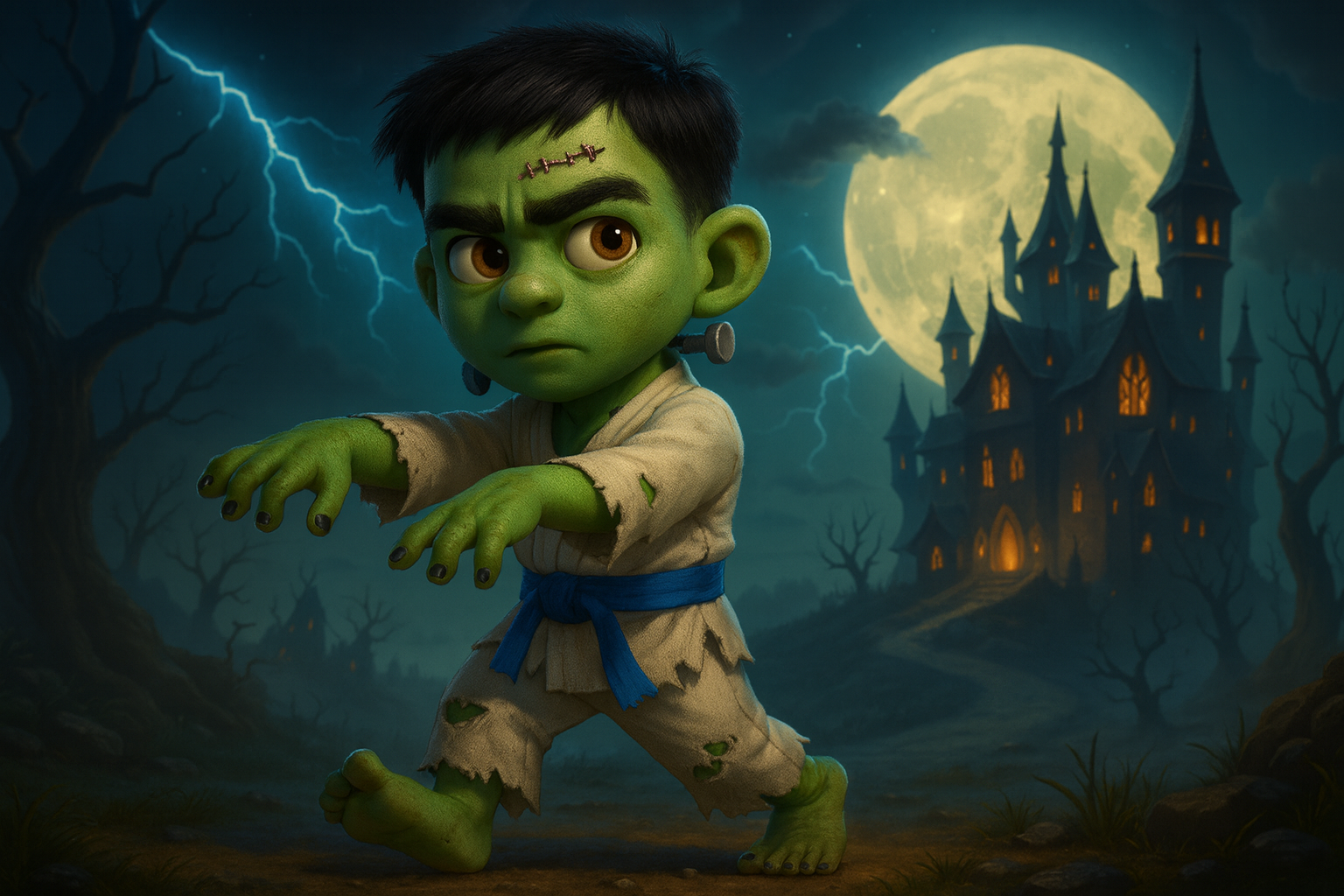 Monstruo de dibujos animados verde con ropa desgarrada caminando hacia un castillo embrujado iluminado por la luna.