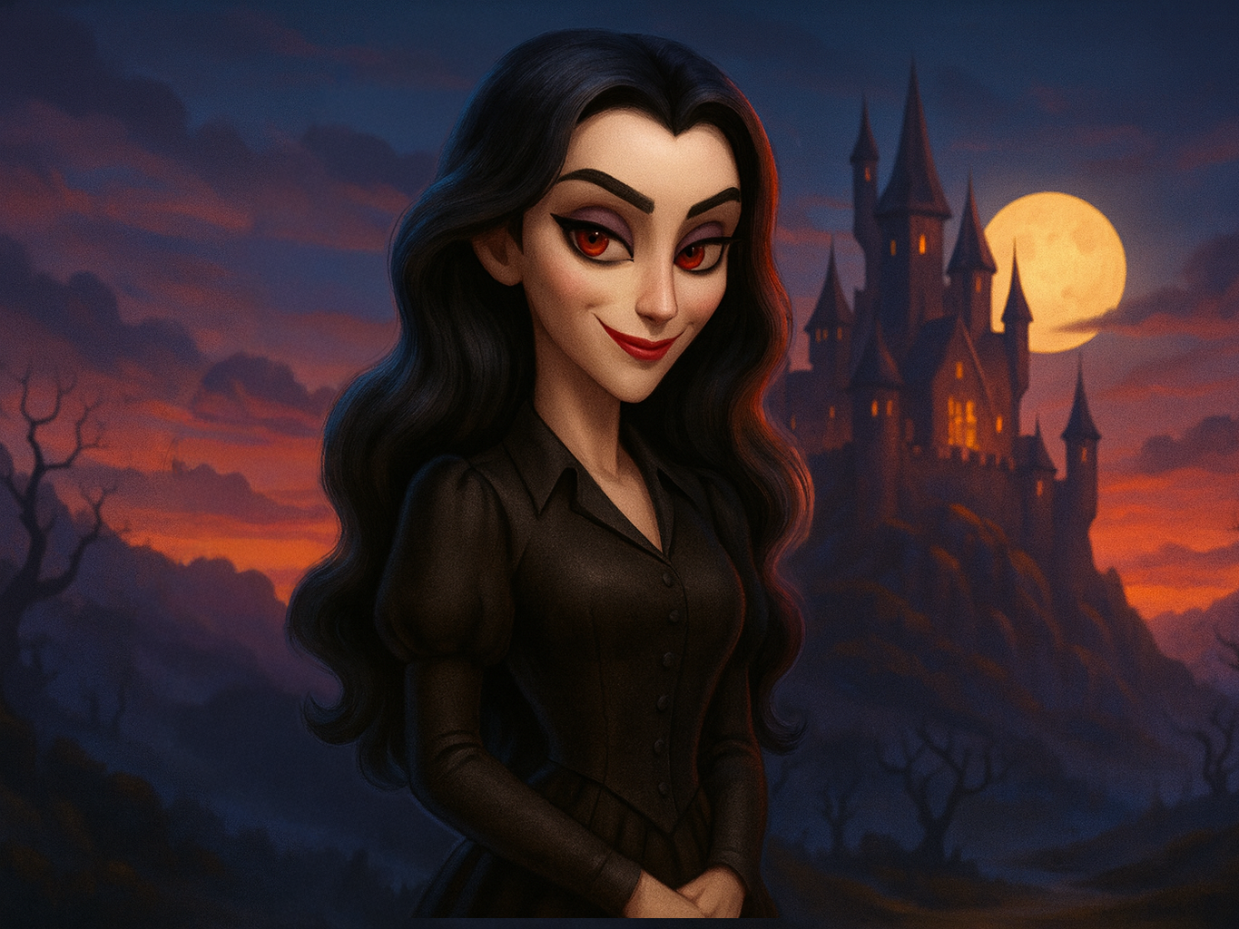 Una sonriente mujer gótica vestida de negro se encuentra frente a un castillo iluminado por la luna al anochecer.