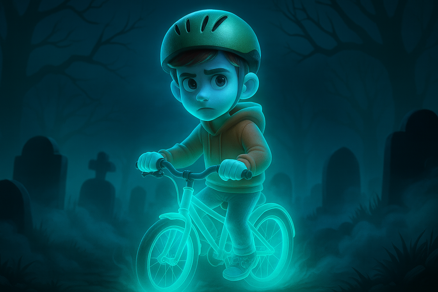Un niño azul brillante en bicicleta en un bosque oscuro y tenebroso.