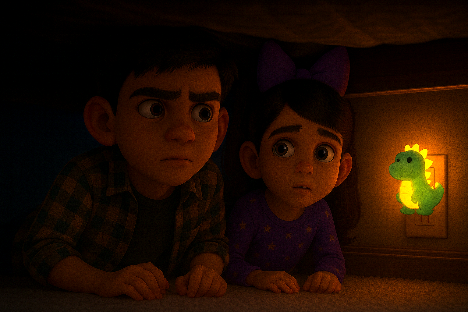 Dos niños preocupados se agachan en un espacio oscuro, iluminado por una luz nocturna verde brillante con forma de dinosaurio.