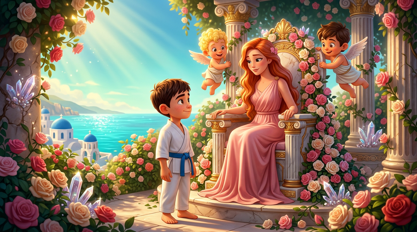 Un niño conoce a una mujer con un vestido rosa en un balcón cubierto de flores con vistas al mar.