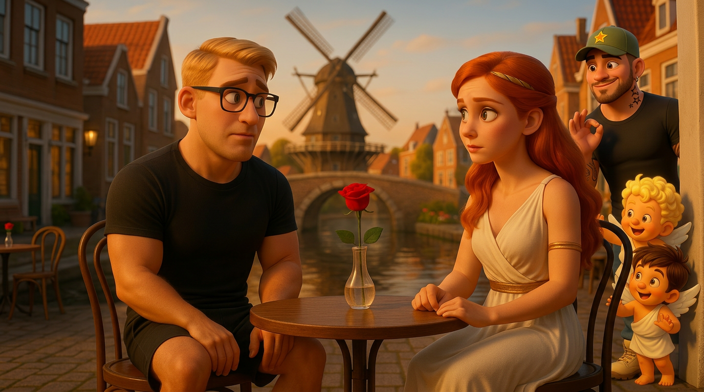Una pareja está sentada en la mesa de un café con una rosa roja, con un molino de viento y edificios de madera al fondo.