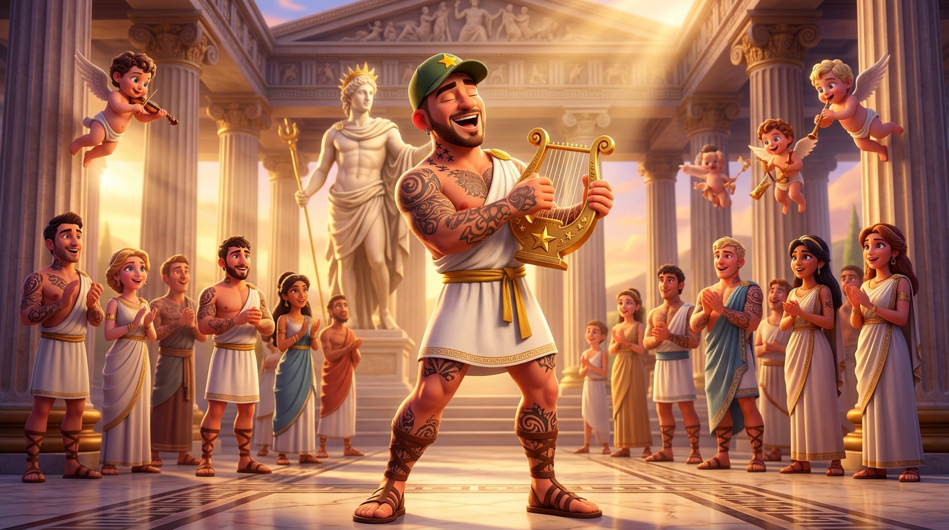Un músico toca la flauta en la gran sala de un templo mientras personas vestidas con túnicas lo observan desde ambos lados.