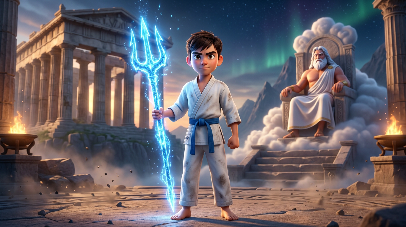 Un joven artista marcial vestido de blanco se encuentra frente a una brillante energía azul en ruinas antiguas, con una estatua de una deidad en las nubes.