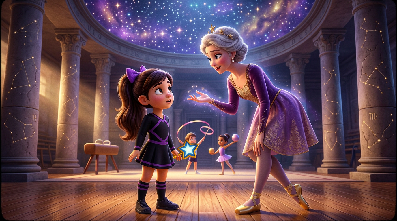 Una niña y un hada en un gran salón resplandeciente, extendiendo sus brazos la una hacia la otra bajo una cúpula estrellada.