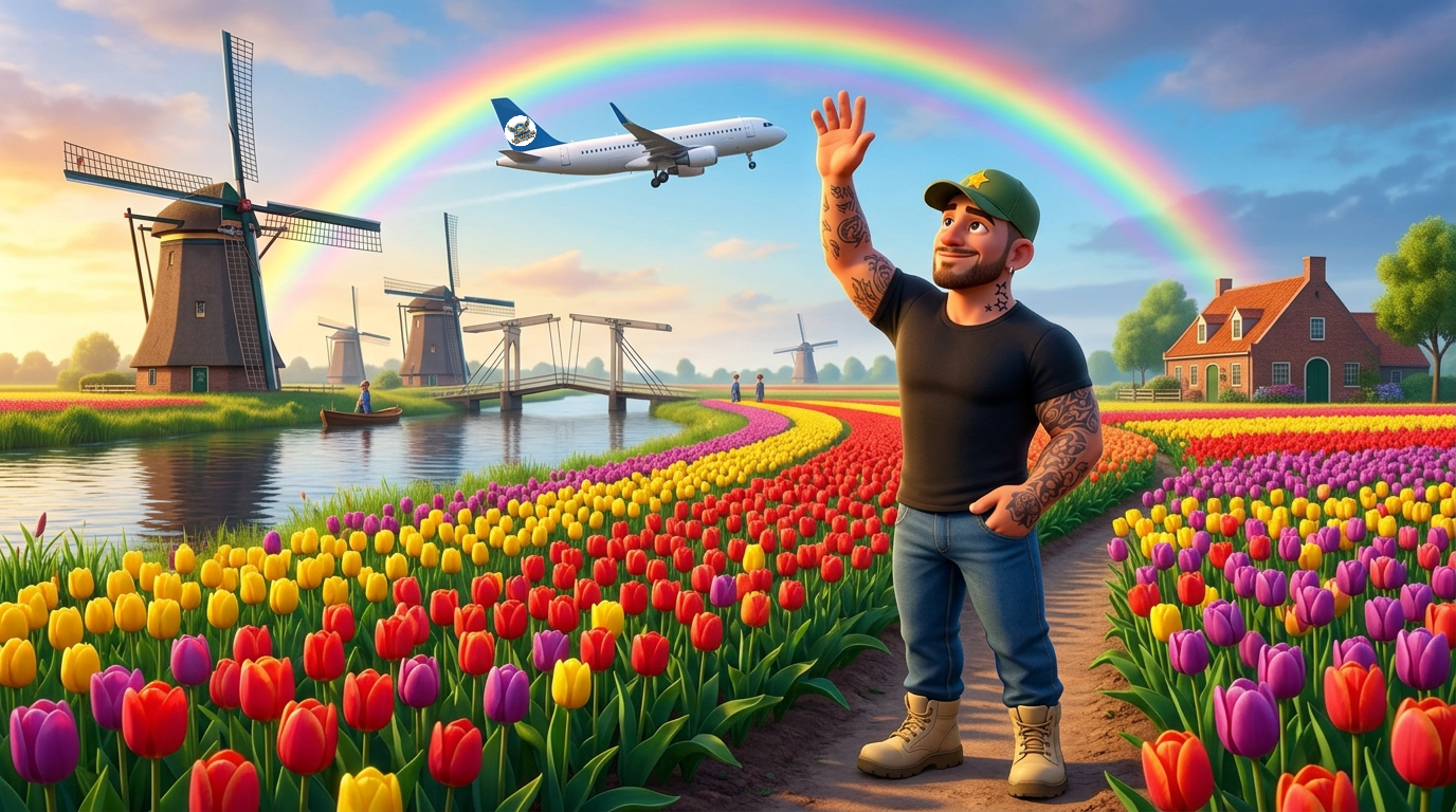 Campo de tulipanes con molino de viento y arcoíris; un hombre saluda mientras un avión sobrevuela cerca de casas coloridas.
