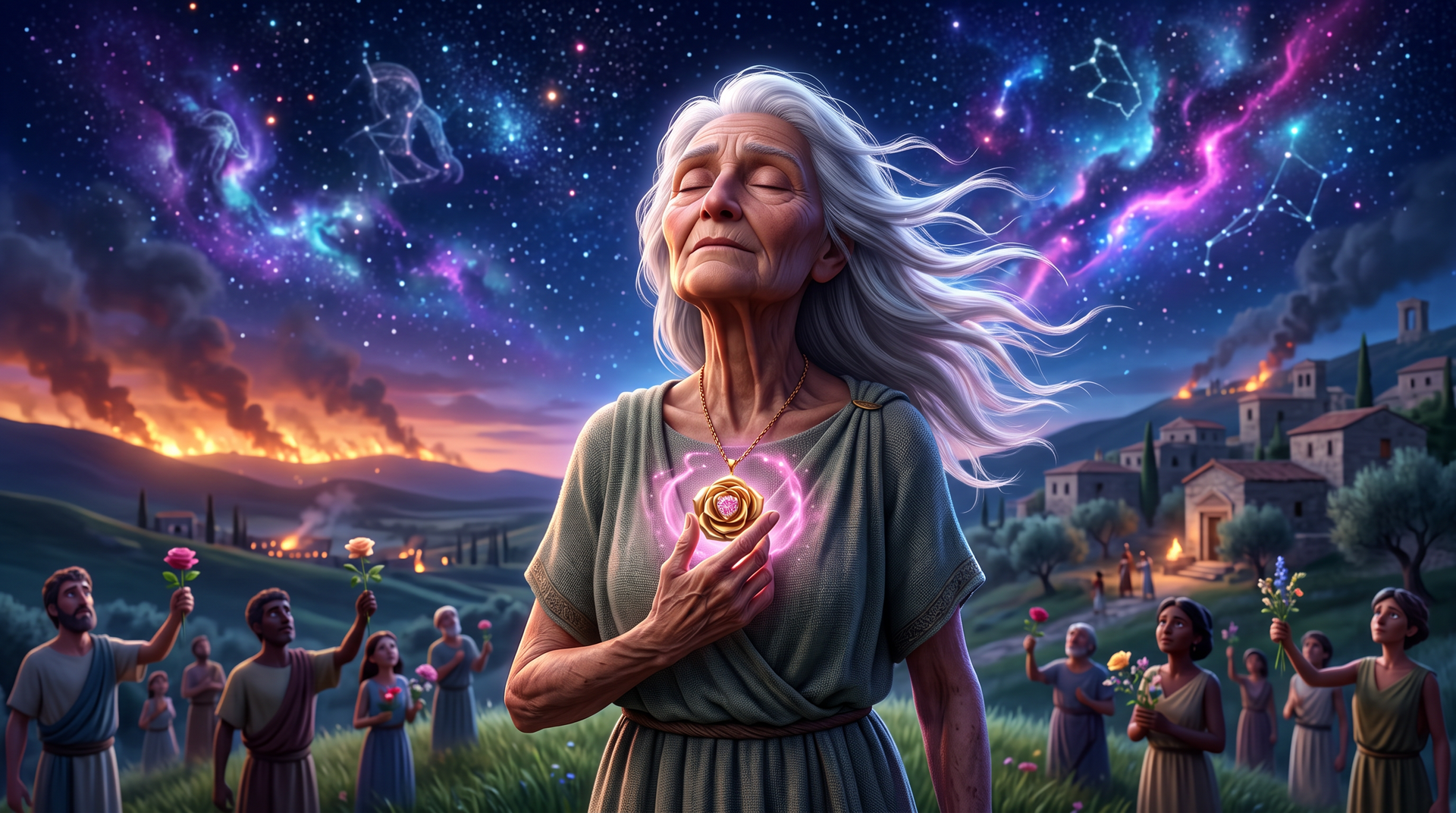 Mujer sosteniendo una luz brillante en forma de corazón bajo un cielo estrellado, con aldeanos en un paisaje crepuscular.