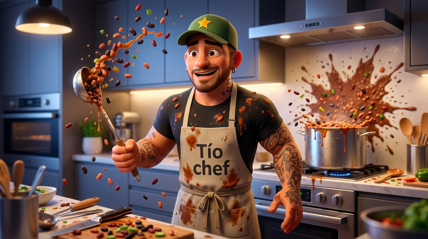 En una cocina, un chef sonríe mientras los ingredientes explotan a su alrededor, vistiendo un delantal con la inscripción