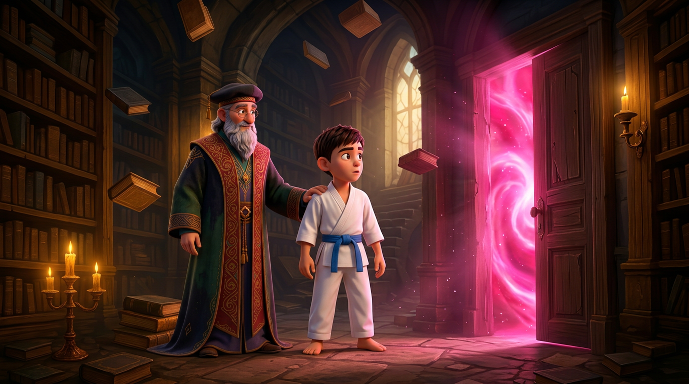 Un niño y un hombre barbudo en una biblioteca frente a un portal rosa brillante entre las estanterías.