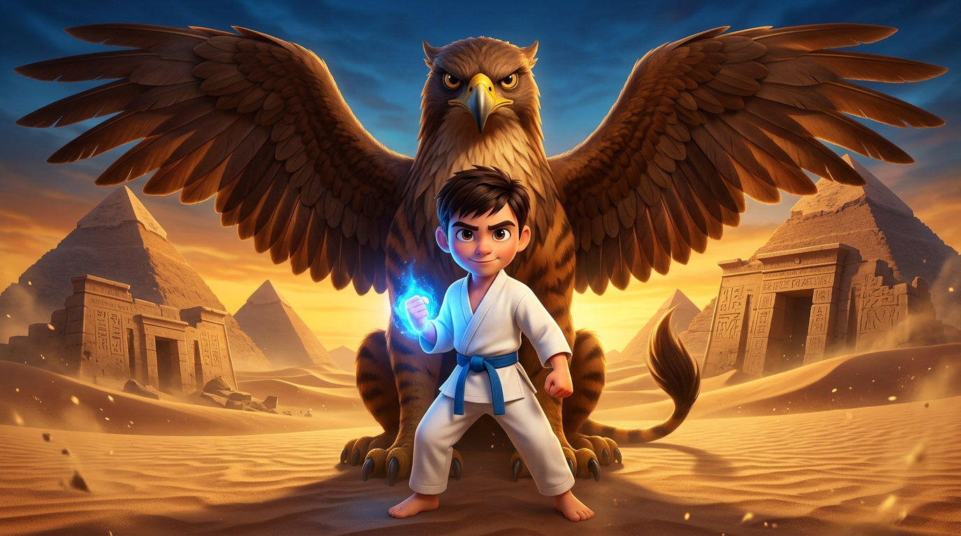 Un niño con una brillante energía azul se encuentra frente a un águila gigante en un desierto con ruinas antiguas.