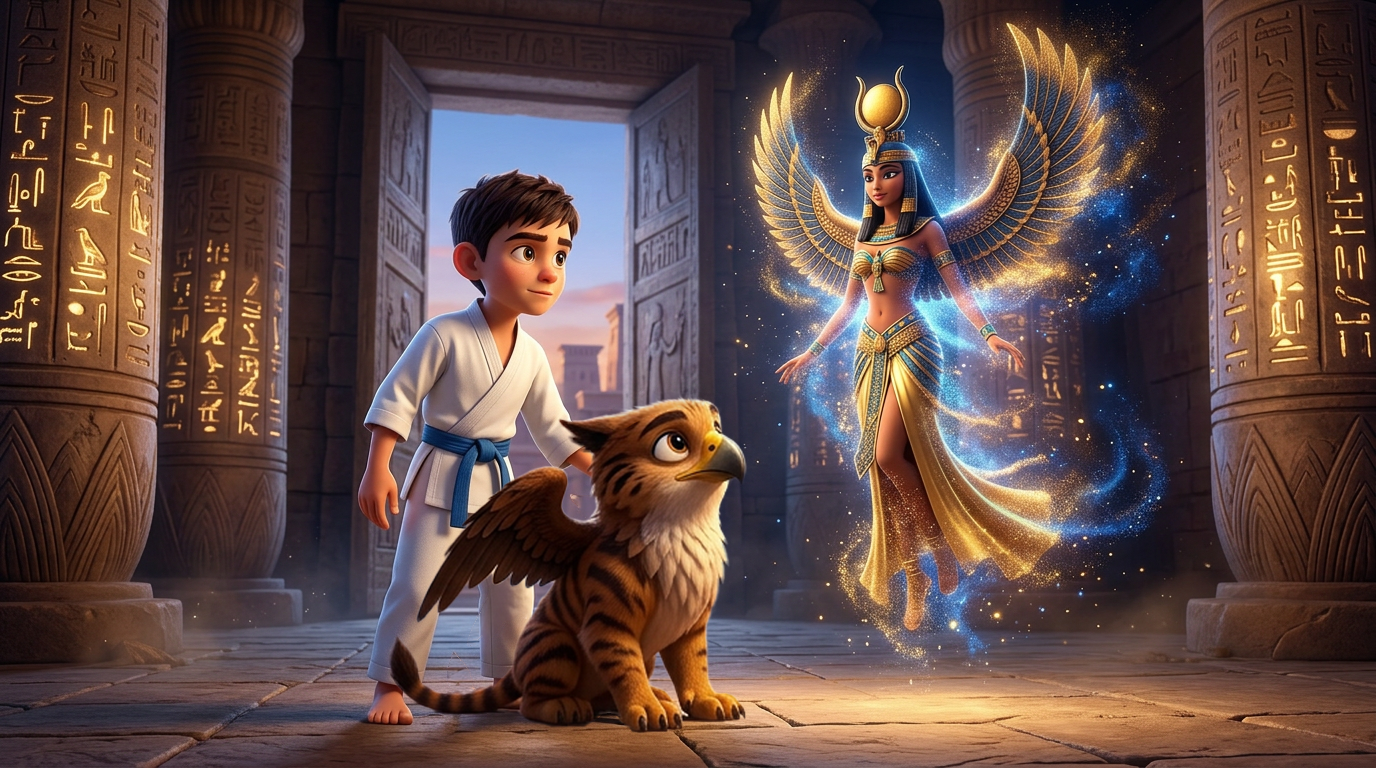Un niño y una criatura parecida a un búho observan una figura alada resplandeciente en el corredor de un templo dorado.