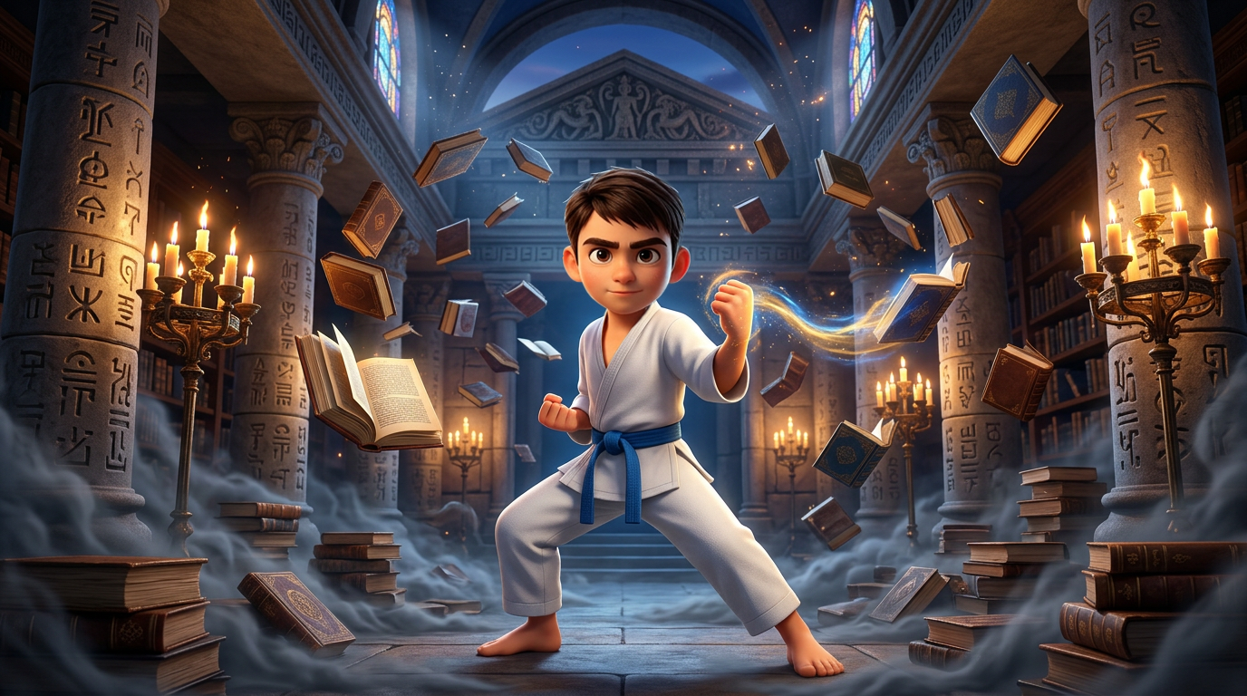 Un niño con uniforme blanco de artes marciales se encuentra de pie en un salón de piedra resplandeciente, rodeado de libros y velas que flotan en el aire.