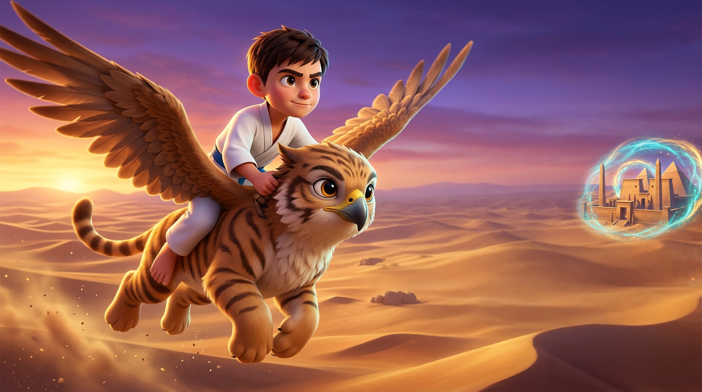 Un niño cabalga sobre un tigre alado a través de las dunas del desierto al atardecer, con una ciudad resplandeciente en la distancia.