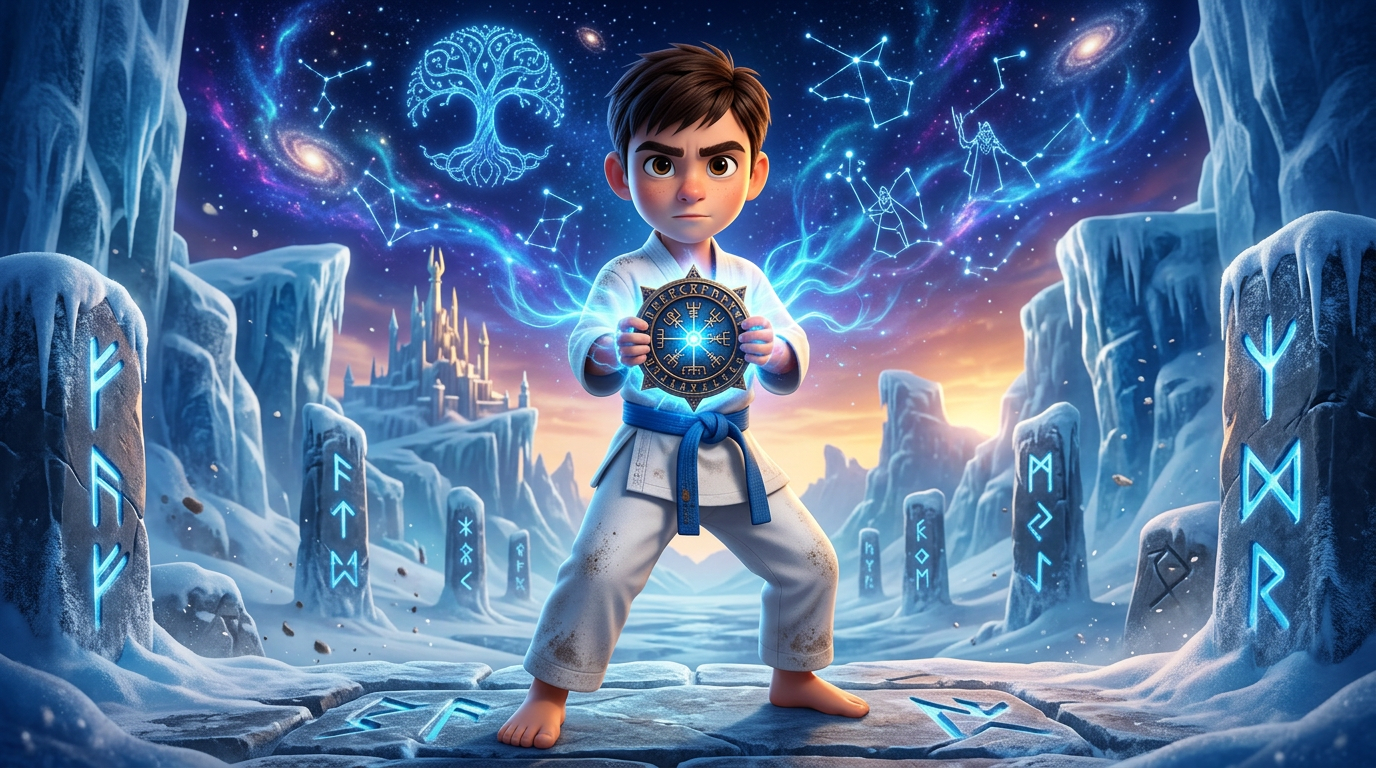 Un niño con un uniforme blanco de artes marciales se encuentra entre ruinas heladas, sosteniendo una esfera azul brillante con un fondo cósmico.