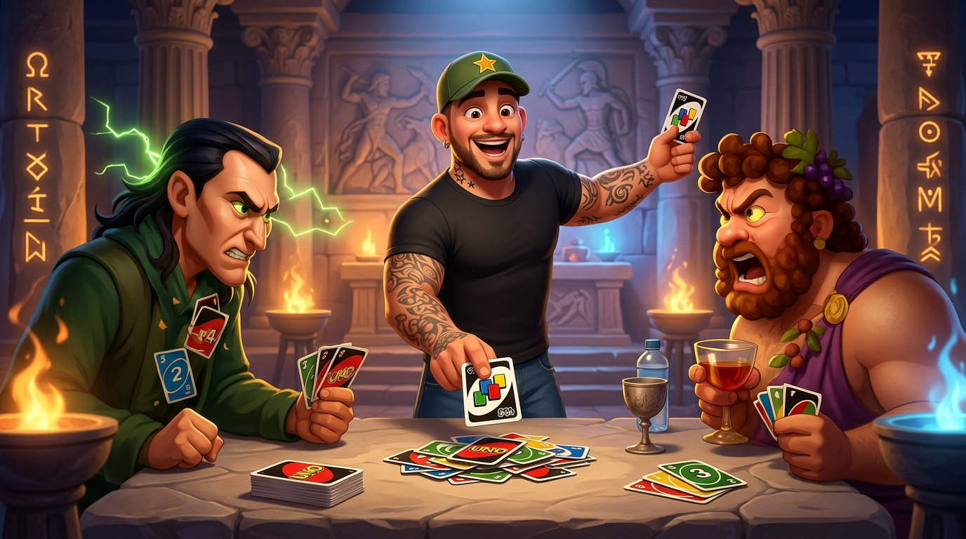 Tres personas jugando a un juego de cartas de fantasía en la mesa de una taberna; una de ellas sostiene las cartas y anima.