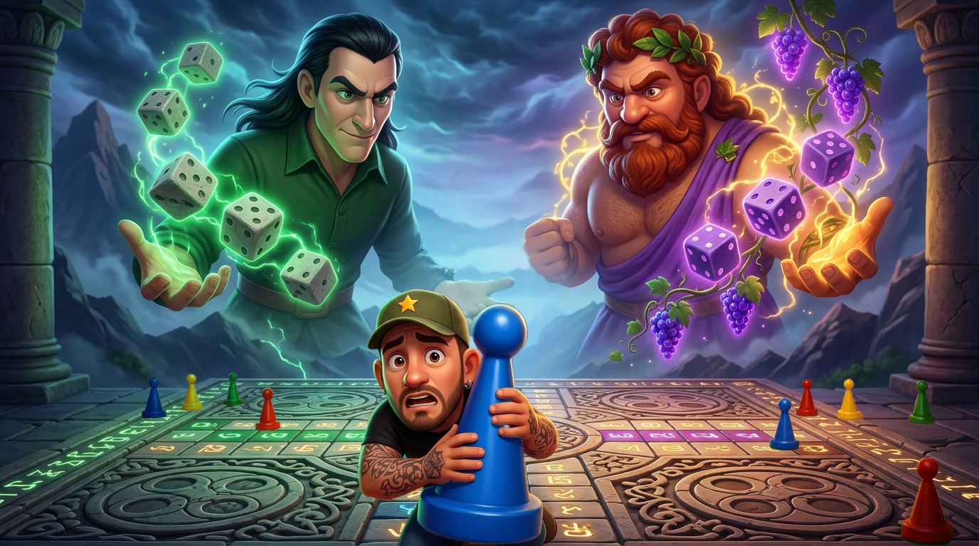 Escena de juego de mesa de fantasía con tres personajes y dados brillantes sobre una mesa.