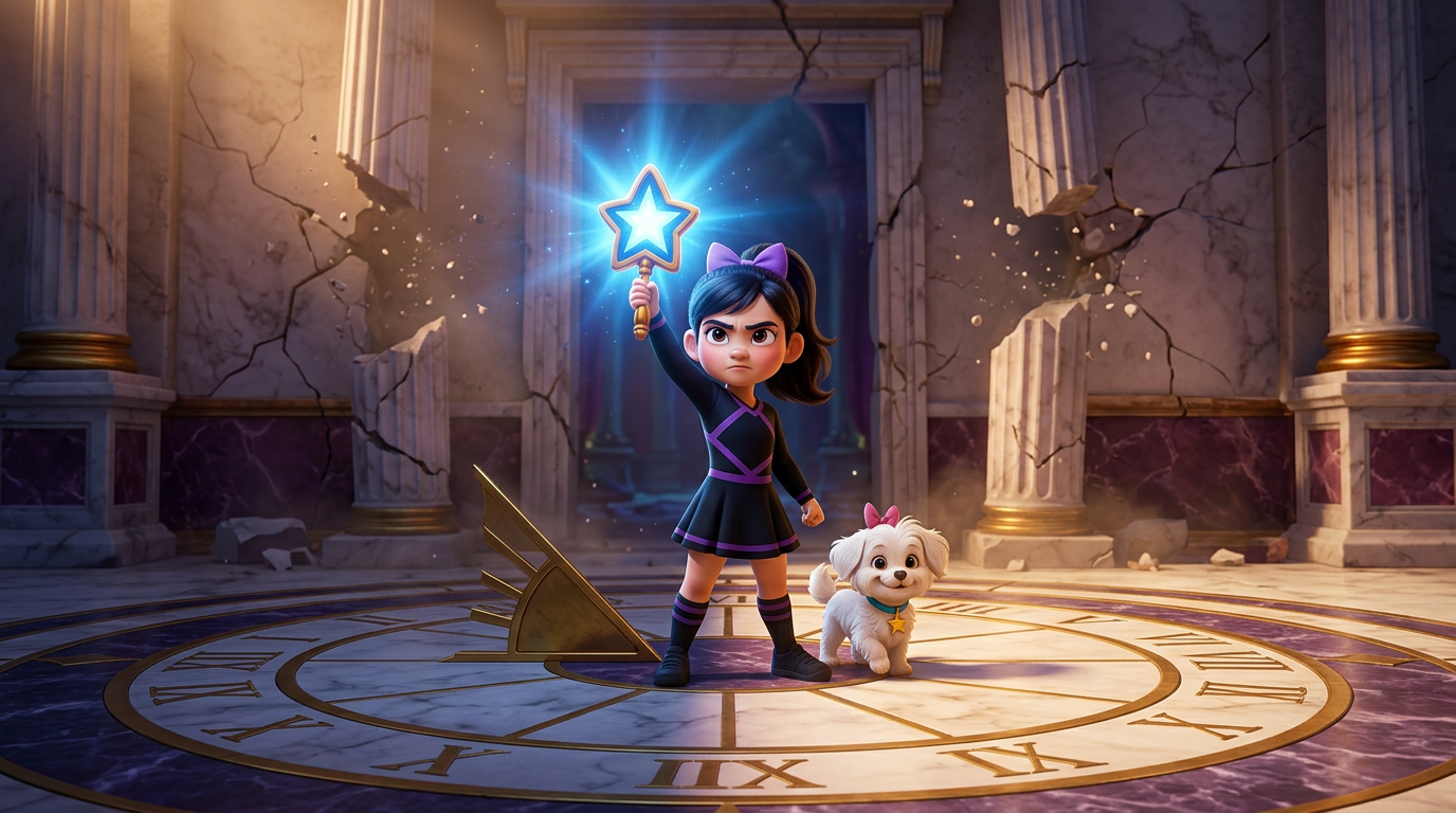 Un personaje de dibujos animados y un perrito se encuentran en un mágico salón de piedra, sosteniendo una varita mágica con forma de estrella brillante.