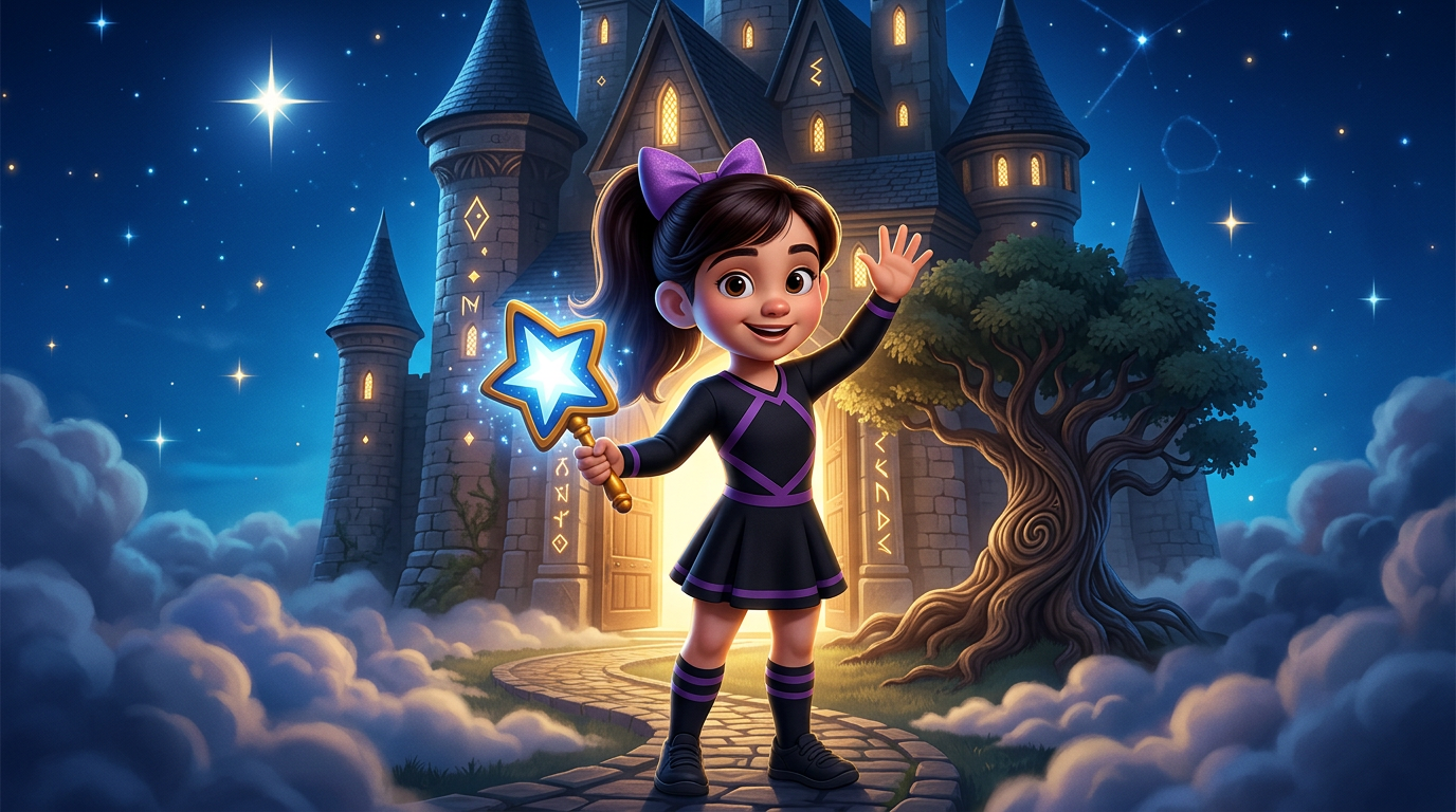 Un niño mago sonriente sostiene una varita de estrella brillante frente a un castillo y un árbol iluminados por la luna.