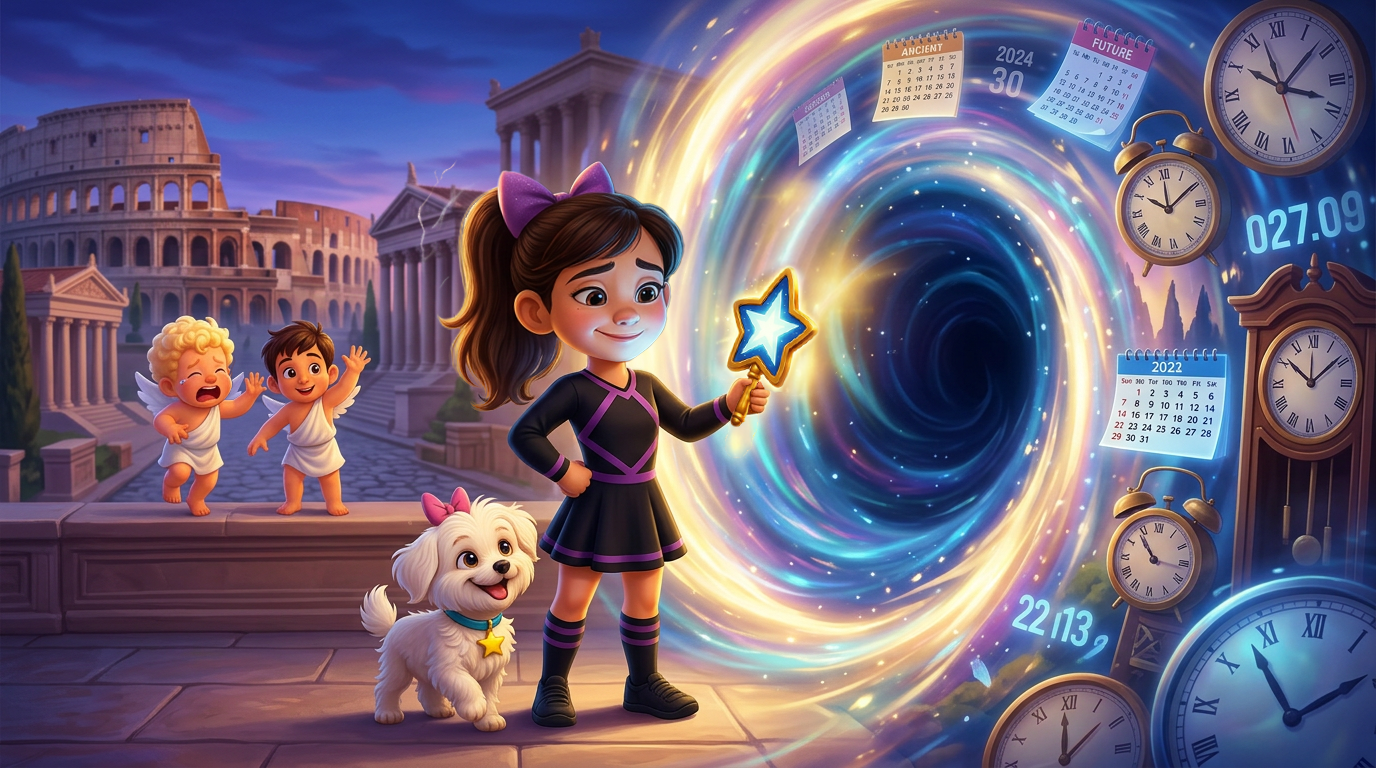 Una niña sostiene una varita luminosa frente a un portal giratorio, con niños y un perro cerca de una torre del reloj resplandeciente.