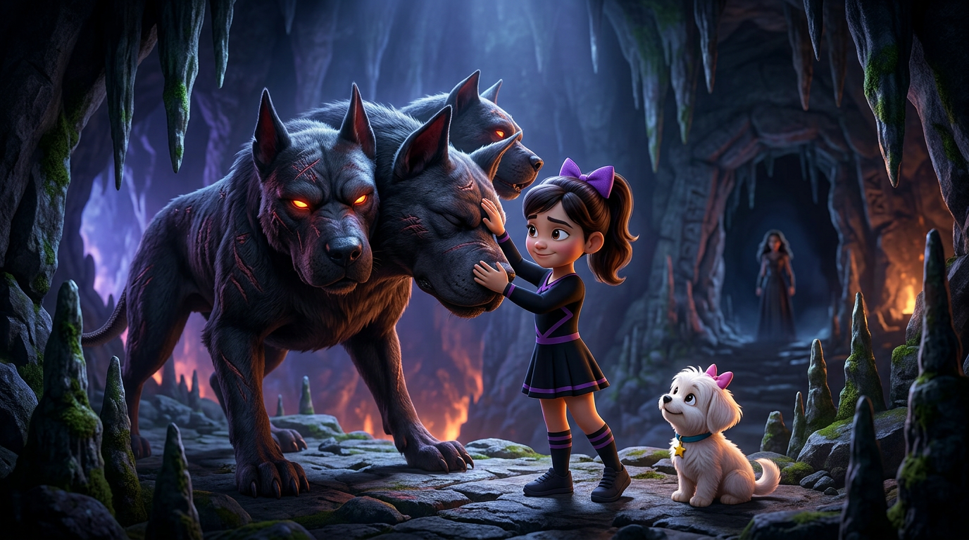 Una niña y un cachorro blanco se enfrentan a un lobo de ojos brillantes en una cueva oscura con fuego al fondo.