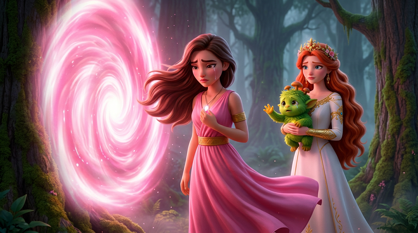Dos mujeres en un bosque junto a un portal rosa brillante, una de ellas sosteniendo una pequeña criatura verde.