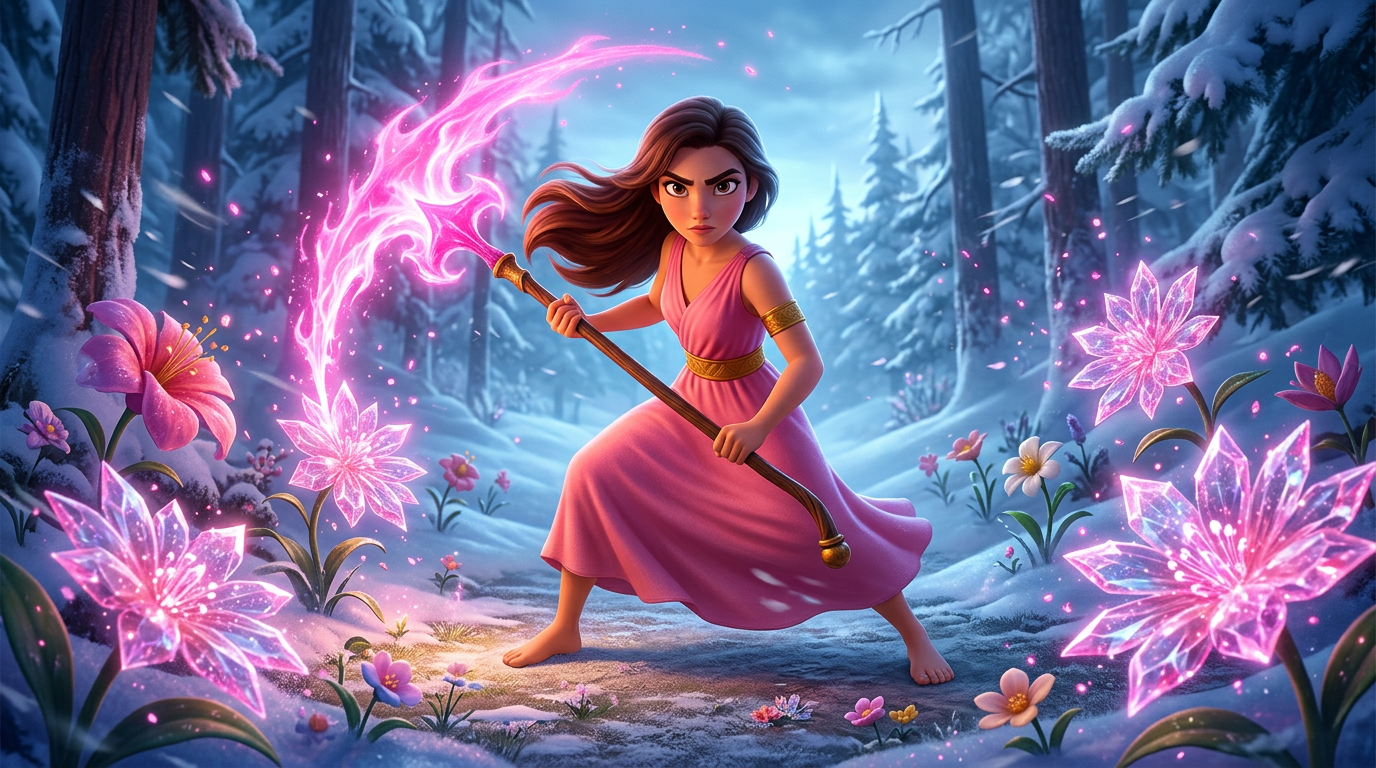 Escena mágica de un bosque con una mujer vestida de rosa lanzando un hechizo rosa brillante entre flores.