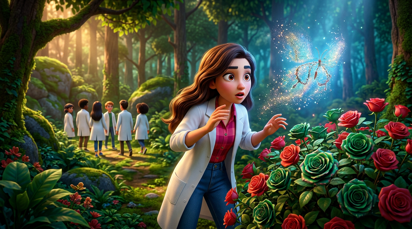 Una niña en un jardín forestal, mirando sorprendida las flores resplandecientes, mientras unos niños permanecen de pie al fondo.