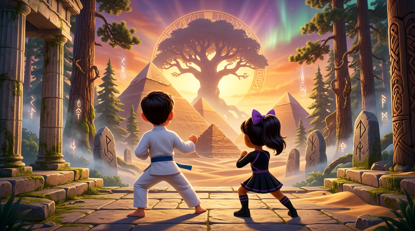 Dos niños en un bosque fantástico frente a un portal arbóreo resplandeciente al atardecer.
